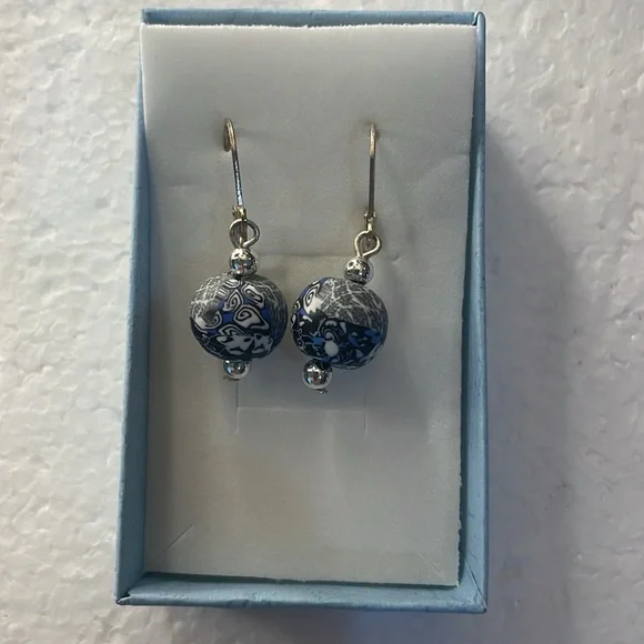 Vintage blue white glass ball drop earrings pierced ears silver lever closure